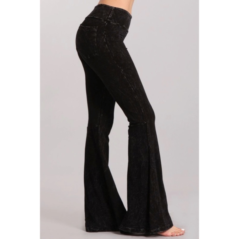SOLD OUT Black Mineral Wash French Terry Flared Bell Bottom Pull On Pants - Picture 2 of 5